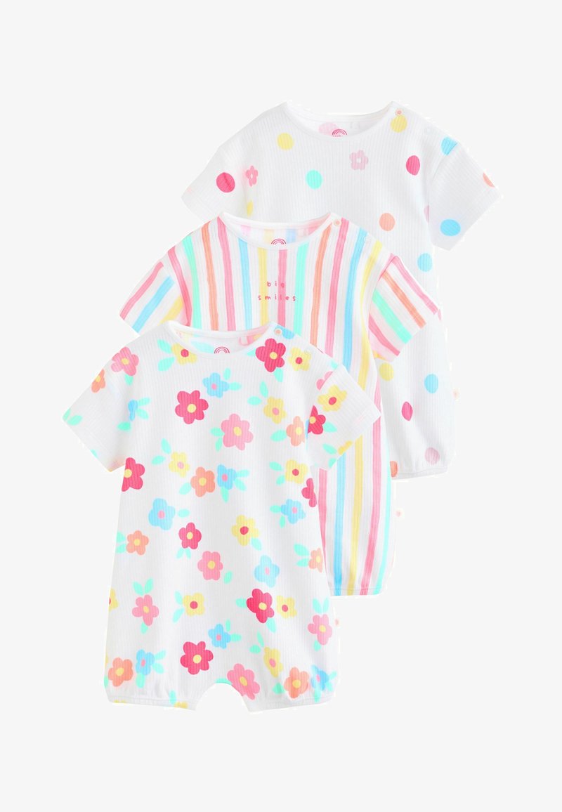 Tre tutine a maniche corte per bambini con texture a coste: stampa floreale, righe verticali colorate con la scritta "big smiles" e pois multicolori.
