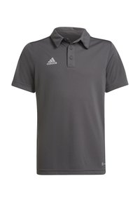 Šedé polo tričko vyrobené z hladkého materiálu, s límečkem, třemi knoflíky a bílým logem Adidas na levé části hrudi.
