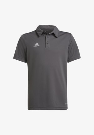 Šedé polo tričko vyrobené z hladkého materiálu, s límečkem, třemi knoflíky a bílým logem Adidas na levé části hrudi.