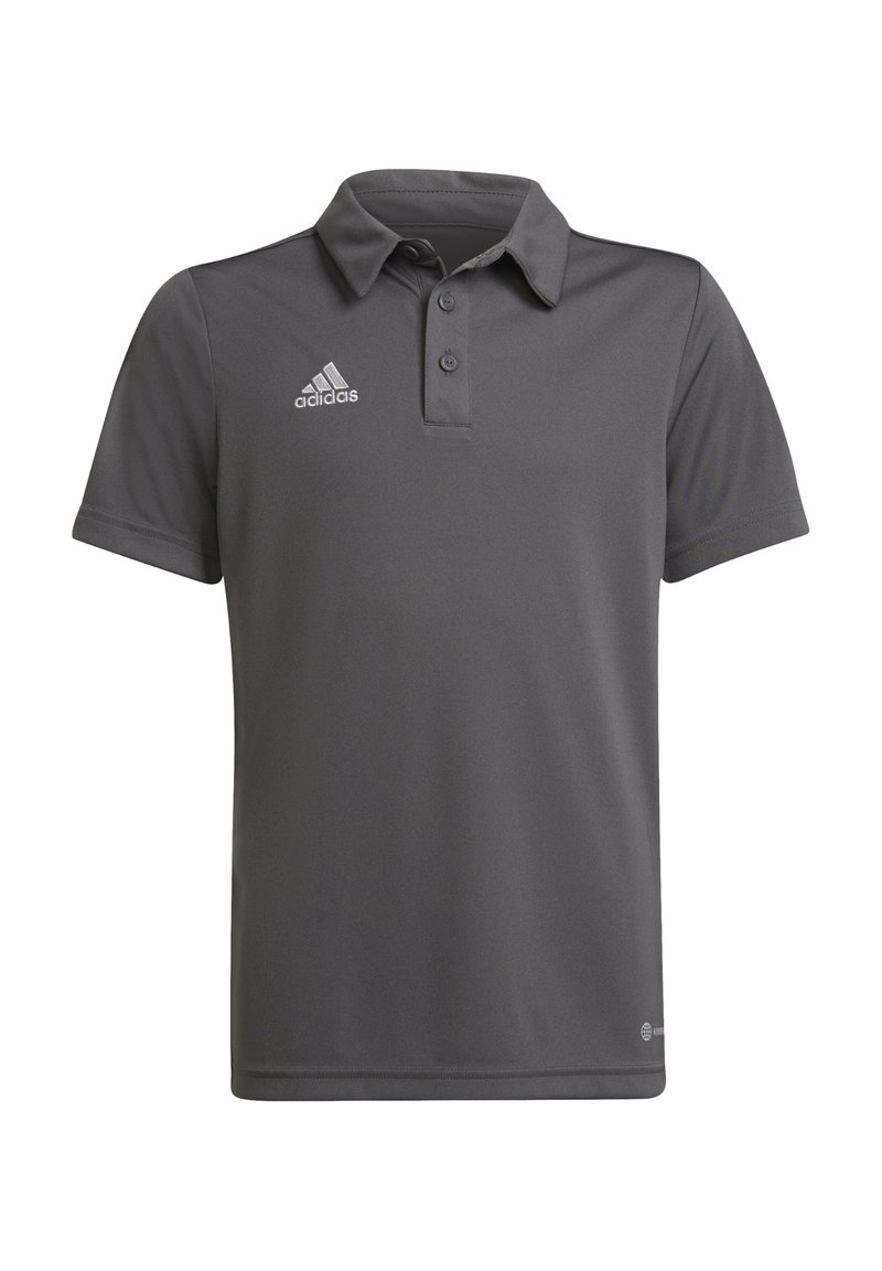 Šedé polo tričko vyrobené z hladkého materiálu, s límečkem, třemi knoflíky a bílým logem Adidas na levé části hrudi.