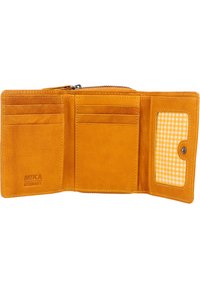 Yellow leather wallet with multiple card slots, a clear ID pocket, and a fabric-lined interior featuring a checkered pattern. Logo embossed inside.