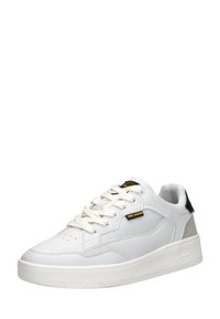 White sneaker with a smooth leather upper, breathable mesh accents, round toe, thick white sole, and black heel detail. Laces and logo prominently displayed.