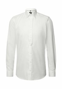 Witte long-sleeve herenoverhemd met puntige kraag en knopen aan de voorkant, weergegeven op een effen witte achtergrond.