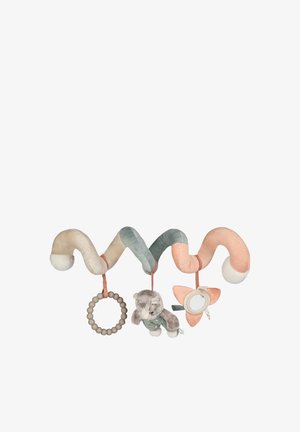 Soft, pastel-colored, spiraled toy accessory featuring a teething ring, plush animal, and star-shaped mirror. Textured fabric with pom-poms.