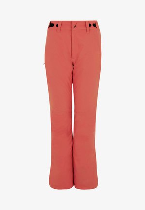 Pantalones de esquí color coral con un diseño de pierna recta, fabricados en material impermeable, con dos bolsillos laterales, cierre con cremallera y acentos en la cintura de color negro.