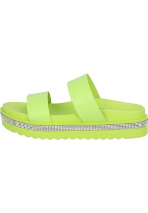 Neon green platform sandals with two wide straps and a textured sole. The base features a decorative rhinestone strip along the edge.