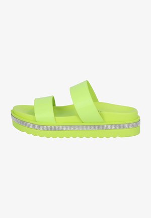 Neon green platform sandals with two wide straps and a textured sole. The base features a decorative rhinestone strip along the edge.