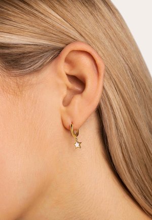 Gros plan sur une oreille gauche avec des cheveux blonds raides, portant une petite boucle d'oreille en or avec un pendentif étoile suspendu.