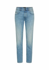 Lichtblauwe denim jeans met een recht model, voorzien van een knoop- en ritssluiting, vijf zakken en subtiele vervagingseffecten.