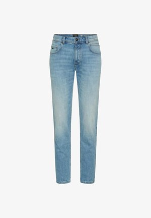 Lichtblauwe denim jeans met een recht model, voorzien van een knoop- en ritssluiting, vijf zakken en subtiele vervagingseffecten.