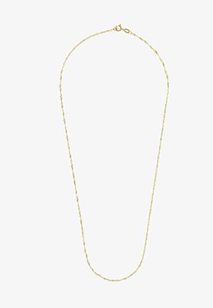 Gold chain necklace featuring a twisted design, with a fine, smooth texture and a lobster clasp closure. Length approximately 18 inches.