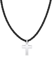 Collana in pelle nera intrecciata con pendente a croce in argento con finitura lucida e bordi dritti.