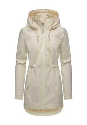Veste en crème légère avec une capuche, taille cintrée, manches longues et deux poches latérales. Présente une fermeture éclair et une doublure intérieure lisse.