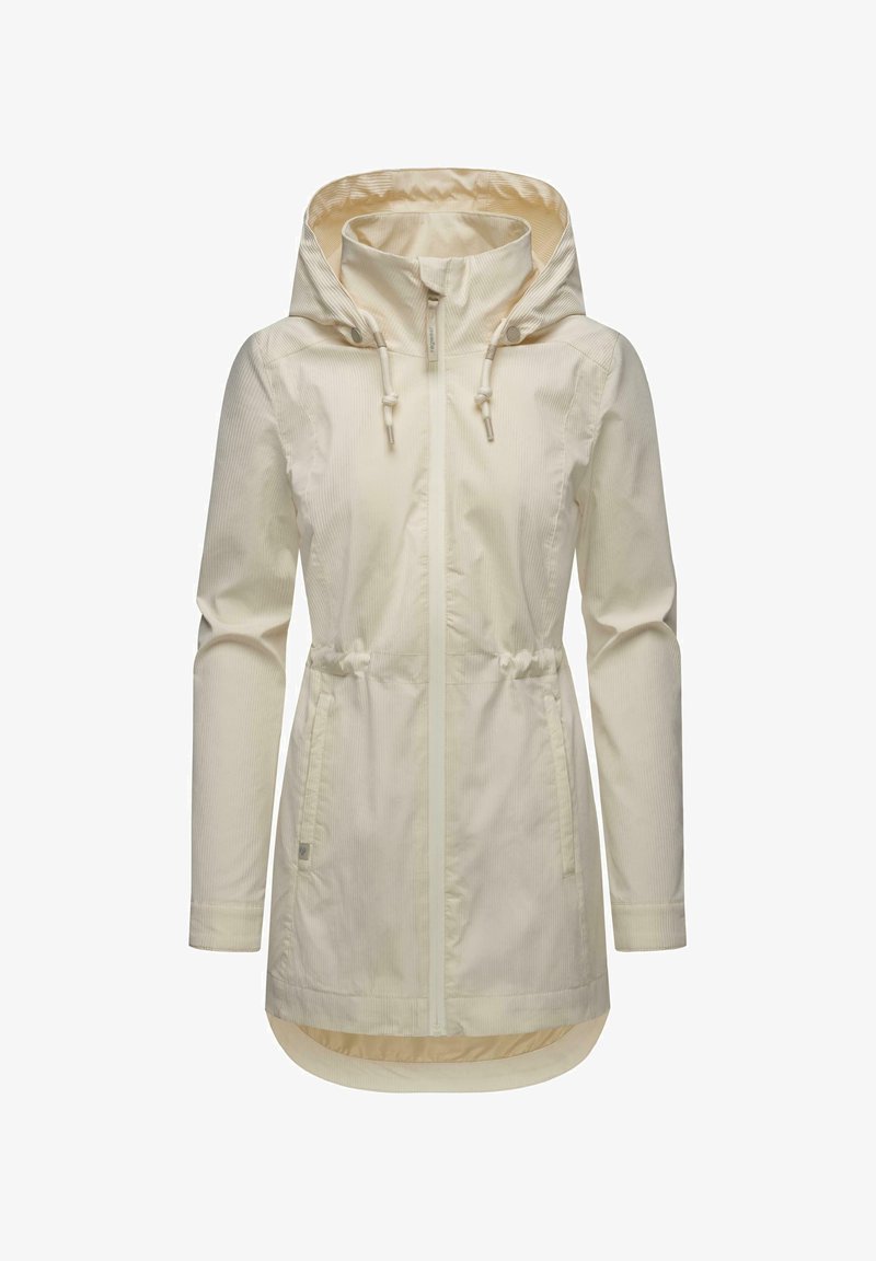 Lightweight cream jacket with a hood, cinched waist, long sleeves, and two side pockets. Features a zip closure and smooth interior lining.