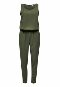 Olijf groene mouwloze jumpsuit van zachte stof, met een getailleerde taille en taps toelopende pijpen. Voorzien van een ronde halslijn en een rits aan de achterkant.