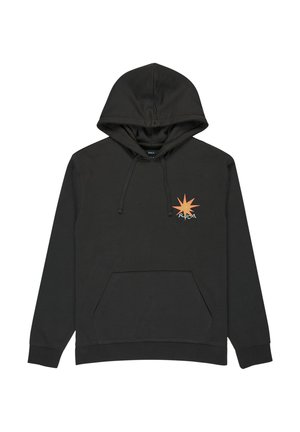 Zwarte hoodie met een voorzak, voorzien van een kleurrijke sterafbeelding en logo op de borst. Gemaakt van zachte stof met een gladde textuur.