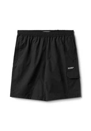 Mustad mustad ujumispüksid kerge kangaga, elastse vöökoha, küljetaskute ja klapiga kaarditaskuga.