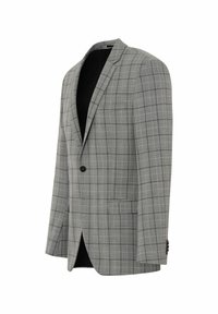 Grau karierter Blazer mit einem Knopfverschluss, Spitzenrevers, Brusttasche und zwei vorderen Taschen. Futter aus strukturiertem Stoff.