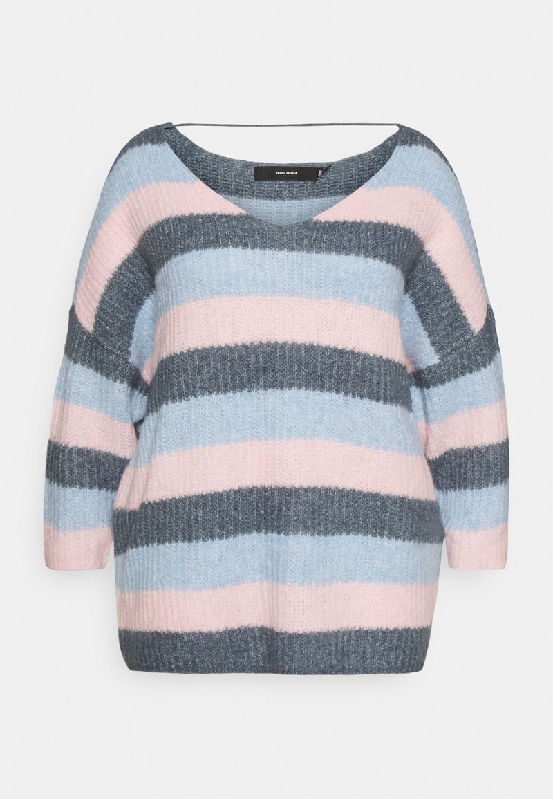 Knitted sweater with a V-neck, featuring horizontal stripes in gray, light blue, and pink. Loose fit with three-quarter sleeves and ribbed texture.