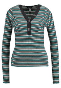 Long-sleeve, v-neck top with teal, black, white, and gray horizontal stripes. Features a black button placket with two buttons. Ribbed texture.