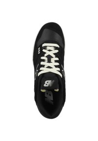 Black sneaker with a combination of suede and mesh material, featuring white laces, a padded tongue, and a logo on the side and heel.