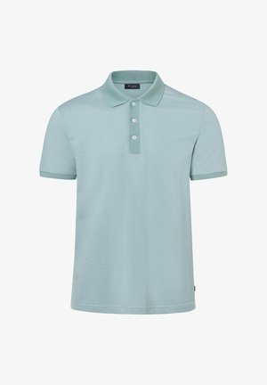Lyseblå polo t-shirt lavet af tekstureret stof, med krave, tre-knap lukning og korte ærmer. Subtile vandrette striber er til stede.
