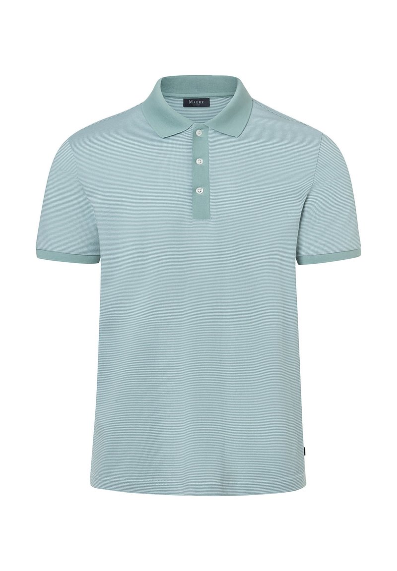 Ljusblå polo skjorta tillverkad av texturerad tyg, med krage, treknappsplacket och korta ärmar. Diskreta horisontella ränder finns.