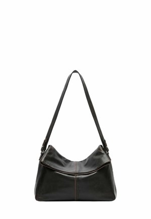 Black leather handbag with a curved shape, a single adjustable strap, and a folded top. Features contrast stitching along the center.