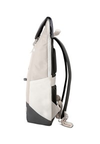 Gray and beige fabric backpack with a slim design. Features padded back, adjustable straps, and a side pocket for storage.