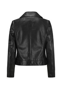 Schwarze Lederjacke mit taillierter Passform, mit Schalkragen und glatter Textur. Hat einen schlichten Rücken ohne Verzierung oder Beschläge.