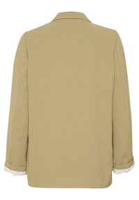 Beige blazer with a structured design, featuring a notched collar and rolled cuffs with a striped pattern. Smooth texture without visible closures.