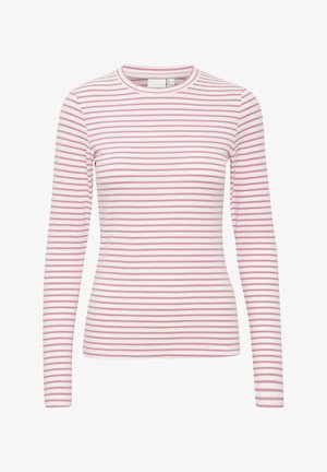 Langärmliges gestreiftes T-Shirt mit pinken und weißen horizontalen Streifen, Rundhalsausschnitt, weicher Stoff und taillierte Passform.