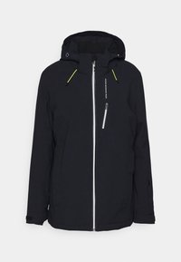 Giacca nera da esterno con cappuccio, dotata di zip frontale completa, cordini gialli e tasca sul petto con zip. Tessuto opaco.