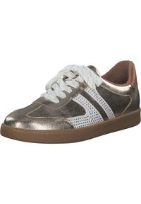 Metallic bronze sneaker with white perforated accents, flat white laces, and a brown rubber sole. Rounded toe and padded tongue.