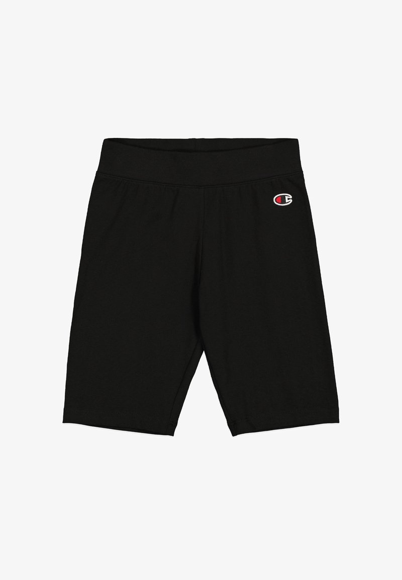 Pantaloni corti neri in cotone con una vita aderente, caratterizzati da un piccolo logo sulla coscia sinistra. Texture liscia, design fino al ginocchio.