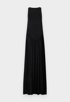 Vestido maxi negro sin mangas con un cuerpo ajustado, un detalle de costura en forma de V en la cintura y una falda holgada y fruncida. Textura suave.