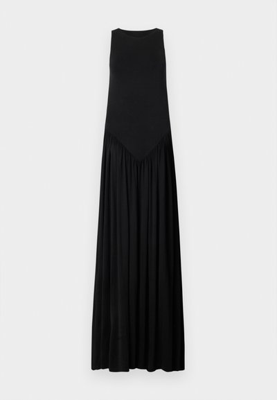 Must mustrik jaamaline maksikleid, millel on langsilmaga kehata, V-kujuline õmblusdetail vöökohtas ja voolav kogutud seelik. Sujuv tekstuur.