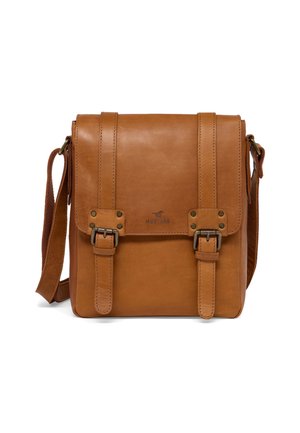 Brown leather messenger bag with a flap, adjustable strap, dual buckle closures, and embossed logo on front. Smooth texture, rectangular shape.