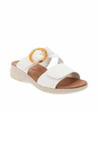 Sandalo bianco con due cinturini regolabili, caratterizzato da un accento circolare arancione. La soletta morbida marrone e la suola beige chiaro offrono comfort.