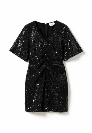 Fekete flitterezett ruha rövid ujjakkal, V-kivágással és rakott részletekkel a deréknál, elegáns, testhezálló sziluettel.