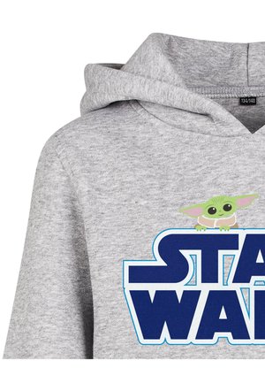Felpa con cappuccio grigia con un grande grafico blu "STAR WARS". Include un'illustrazione colorata di un personaggio con pelle verde e orecchie grandi.