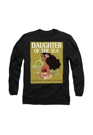 Black long-sleeve shirt featuring a colorful graphic of a figure with dark, curly hair and a flower, and the text “Daughter of the Sea.”