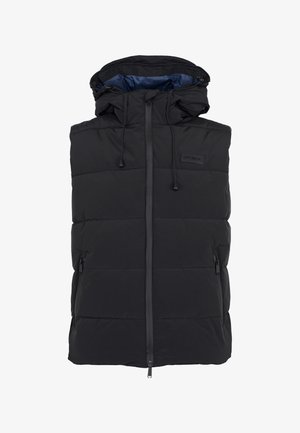 Gilet imbottito nero con cappuccio, dotato di chiusura con zip, due tasche laterali e lacci regolabili. L'interno presenta una fodera blu a contrasto.