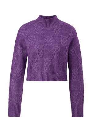 Lila Kabelstrickpullover mit hohem Kragen und geripptem Saum. Verfügt über strukturierte Muster und lange Ärmel, aus einem weichen Garne-Material gefertigt.