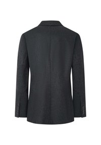 Blazer grigio scuro su misura con maniche lunghe, toppe sui gomiti e polsini con bottoni visto da dietro su uno sfondo bianco.