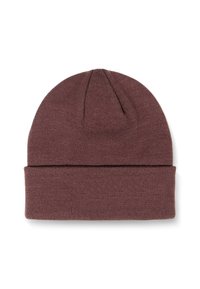 Braune gestrickte Mütze mit umgeschlagenem Bündchen. Der Stoff hat eine glatte Textur und ein schlichtes, unverziertes Design.