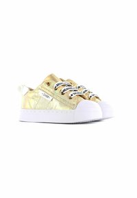 Gouden iriserende sneakers met witte rubberen zolen en contrasterende zwarte en witte veters. Beschikt over een gestructureerd synthetisch bovenwerk met merkaccenten.