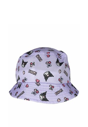 Lavender bucket hat with repeated black and white cartoon character faces, pink cherries, and the word "Kuromi" printed all over.