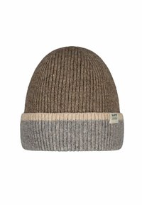 Gorro de punto en tonos marrón y gris, con una textura acanalada y un puño más claro en contraste. Incluye una pequeña etiqueta con el nombre de la marca.