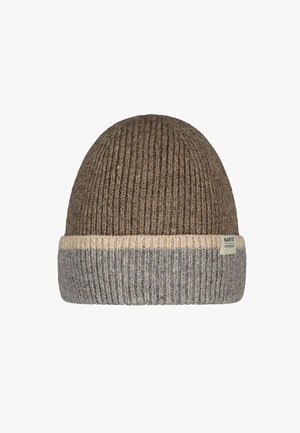 Brede gebreide beanie in bruin en grijstinten, met een geribbelde textuur en een contrasterende lichte boord. Inclusief een klein label met de merknaam.